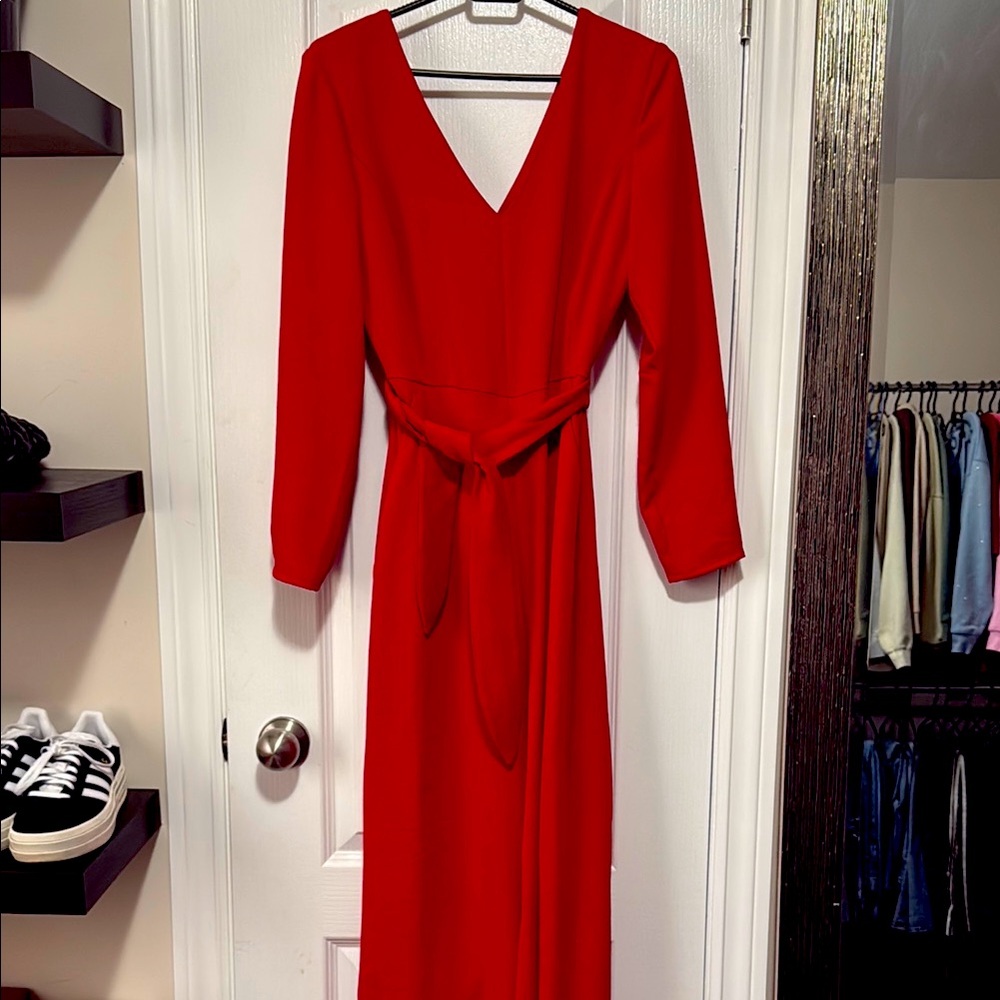 WILDRED - Elegant V-Neck Long Sleeve Red Dress